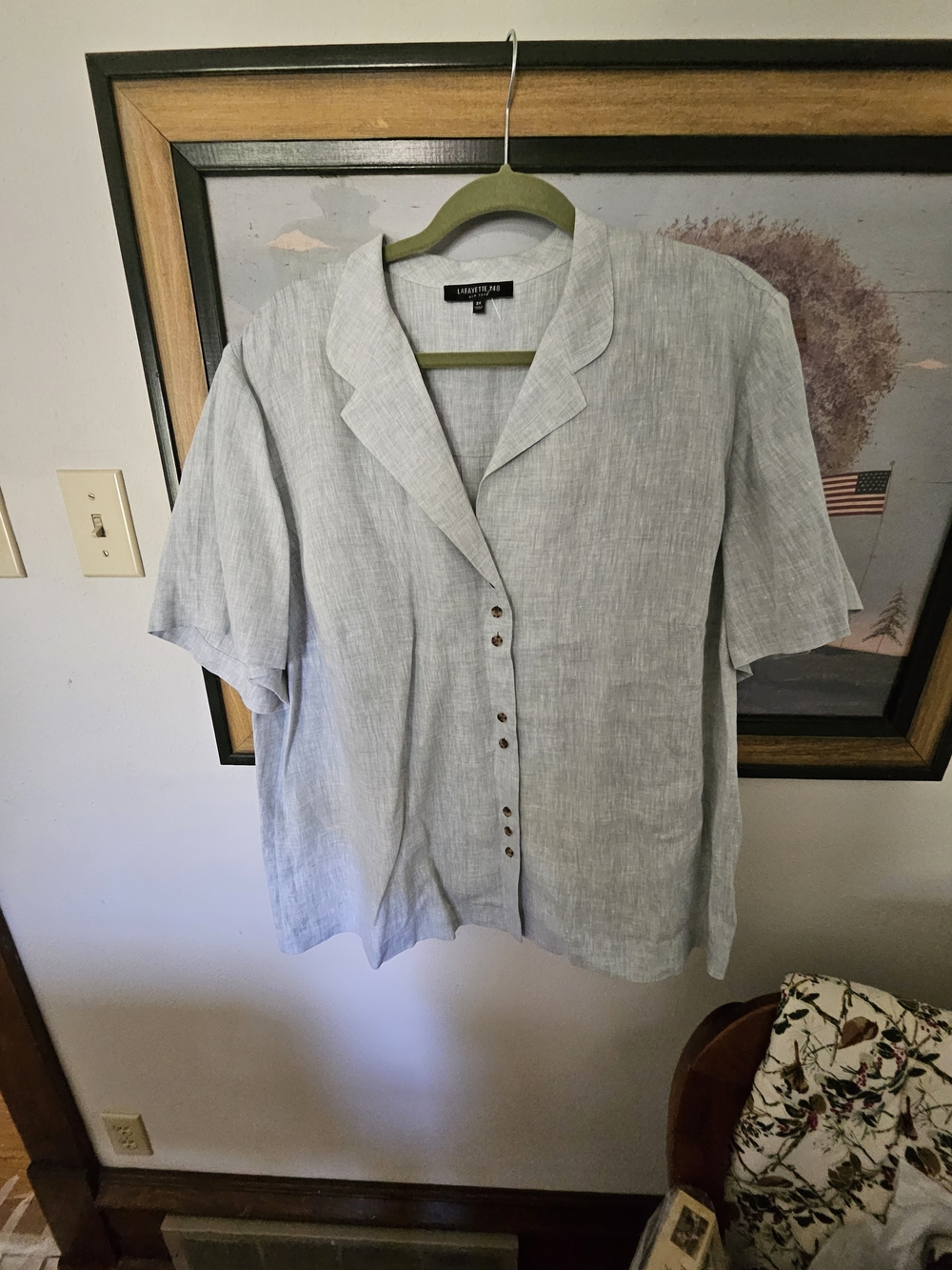 Lafayette 148 Blue Linen  Short-Sleeve Notch Lapel Shirt Sz 2X